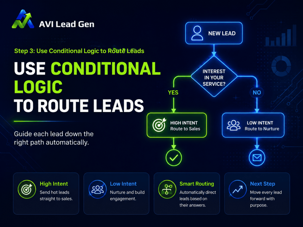 Flowchart showing how conditional logic routes leads based on intent: high intent leads go to sales, low intent leads go to nurture. Steps and icons explain smart routing and next steps for leads.