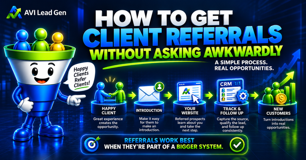AVI Lead Gen graphic showing a five-step client referral process from happy customers and introductions through website follow-up and new customers.