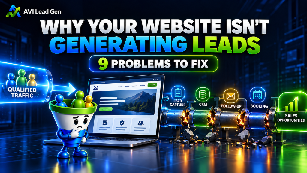 Website lead generation system showing broken connections between qualified traffic, lead capture, CRM, follow-up, booking, and sales opportunities.